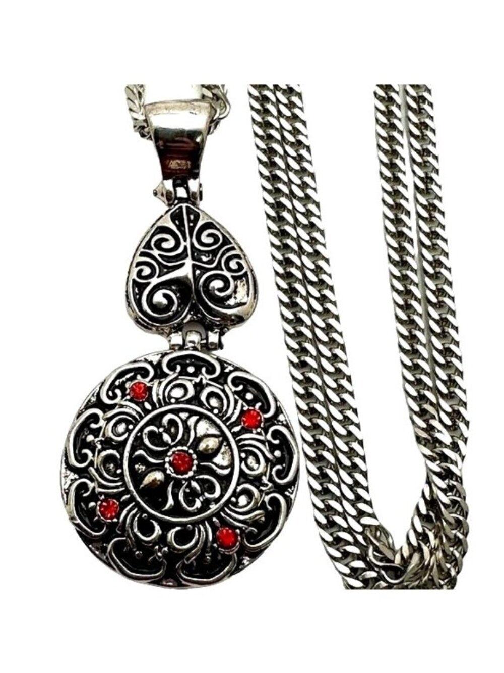 Whimsigoth Ornate Filigree Pendant Necklace Red Rhinestone Long Silver Chain Got